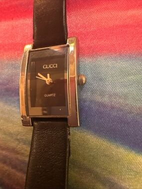 Gucci Black Dial Silver-Tone Rectangular Watch with Black Leather Strap